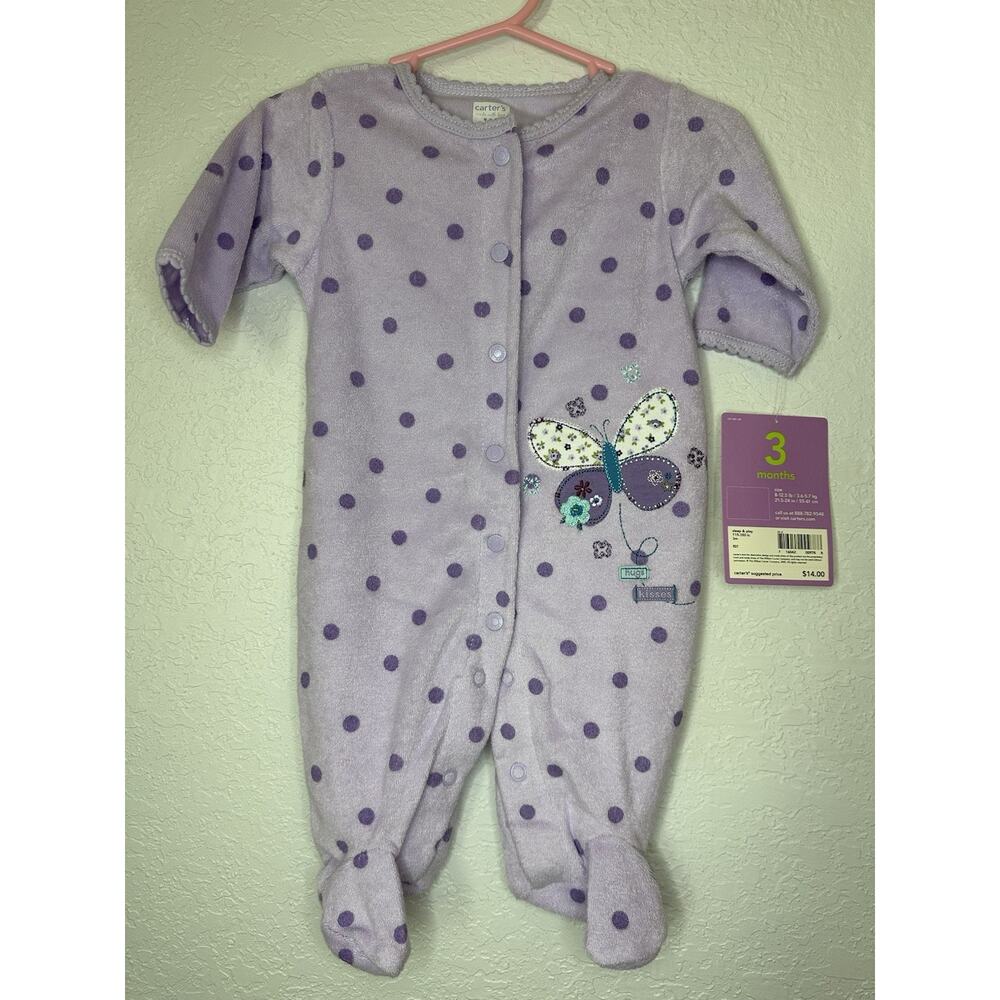 Baby Girl New Carter's Vintage Terry Cloth Butterfly Purple Footsie 3M Y2K